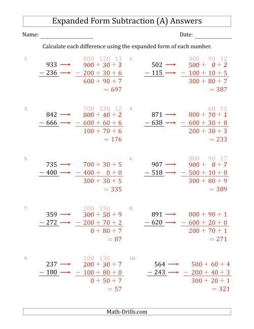 The 3-Digit Expanded Form Subtraction (A) Math Worksheet Page 2