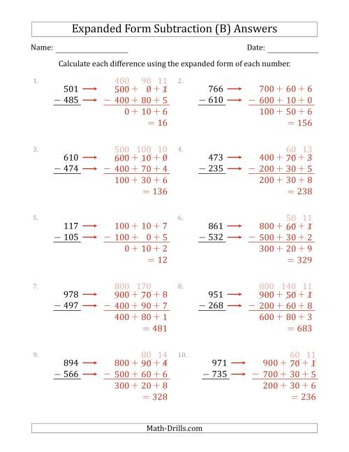 The 3-Digit Expanded Form Subtraction (B) Math Worksheet Page 2