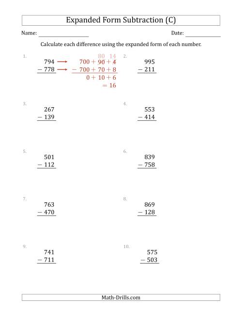 The 3-Digit Expanded Form Subtraction (C) Math Worksheet