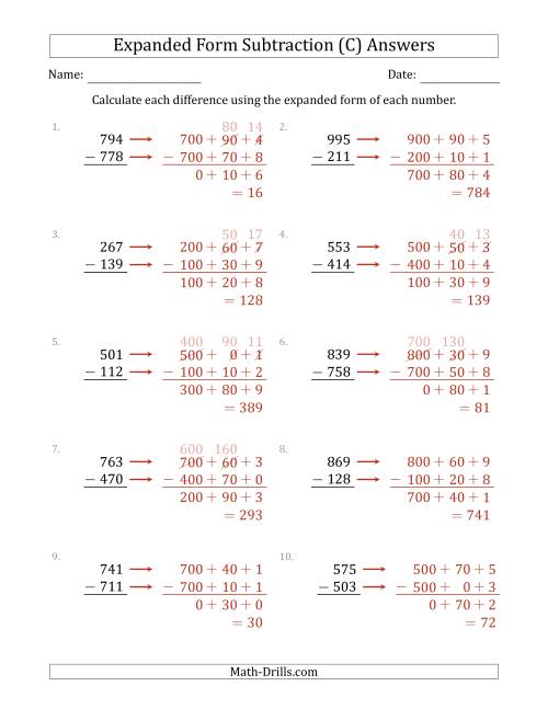 The 3-Digit Expanded Form Subtraction (C) Math Worksheet Page 2