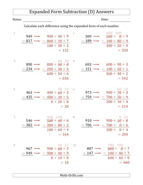 The 3-Digit Expanded Form Subtraction (D) Math Worksheet Page 2