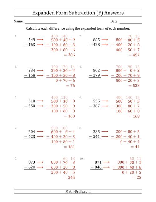 The 3-Digit Expanded Form Subtraction (F) Math Worksheet Page 2