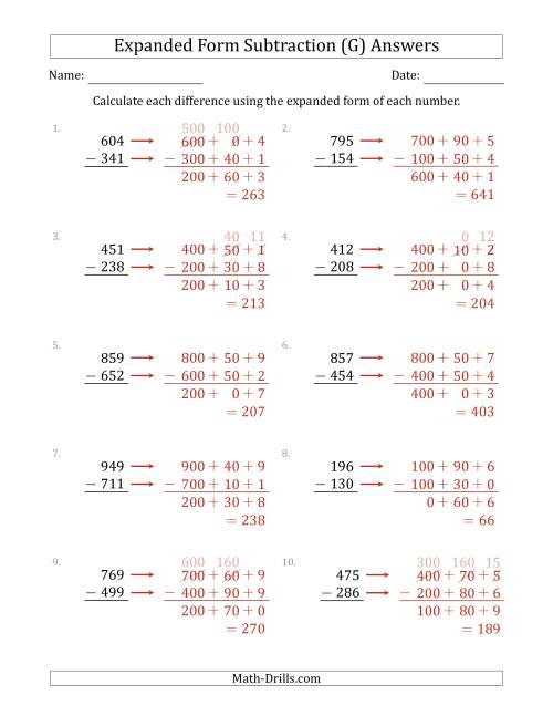 The 3-Digit Expanded Form Subtraction (G) Math Worksheet Page 2