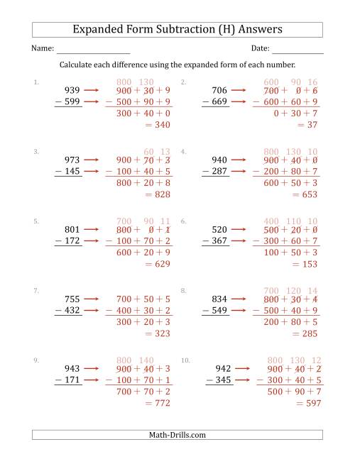 The 3-Digit Expanded Form Subtraction (H) Math Worksheet Page 2