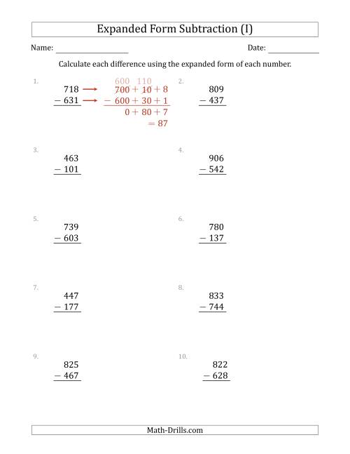 The 3-Digit Expanded Form Subtraction (I) Math Worksheet