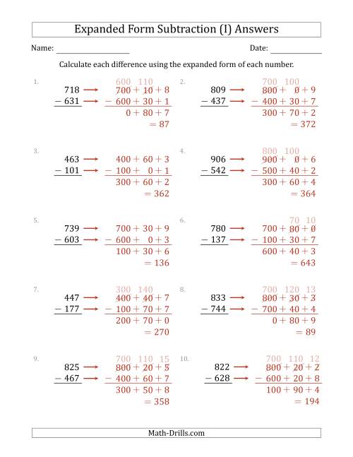 The 3-Digit Expanded Form Subtraction (I) Math Worksheet Page 2