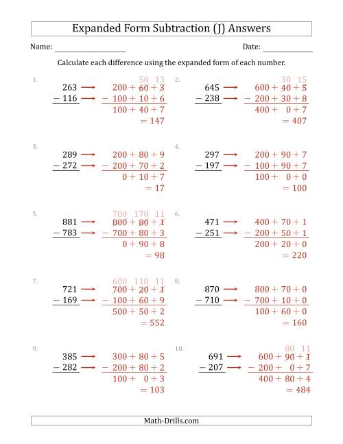 The 3-Digit Expanded Form Subtraction (J) Math Worksheet Page 2