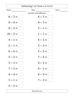 Horizontally Arranged Subtracting 1 to 5 from 1 to 10 (25 Questions; Large Print)