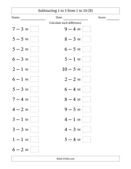 The Horizontally Arranged Subtracting 1 to 5 from 1 to 10 (25 Questions; Large Print) (B) Math Worksheet
