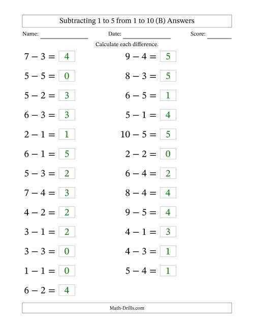 The Horizontally Arranged Subtracting 1 to 5 from 1 to 10 (25 Questions; Large Print) (B) Math Worksheet Page 2