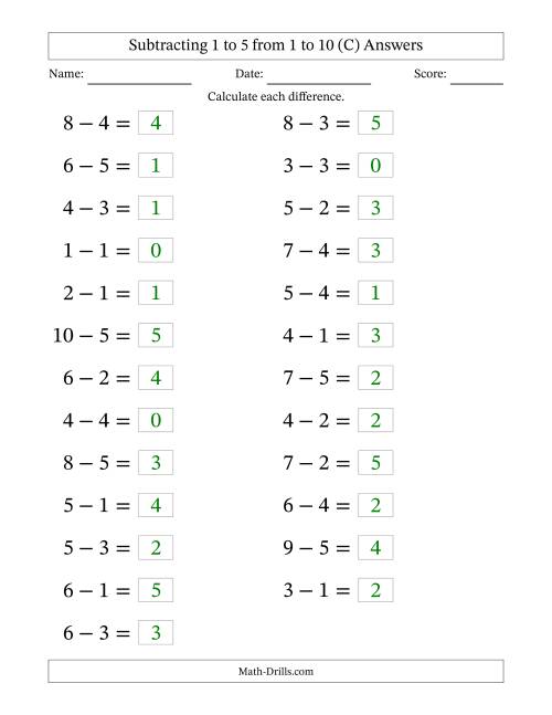 The Horizontally Arranged Subtracting 1 to 5 from 1 to 10 (25 Questions; Large Print) (C) Math Worksheet Page 2