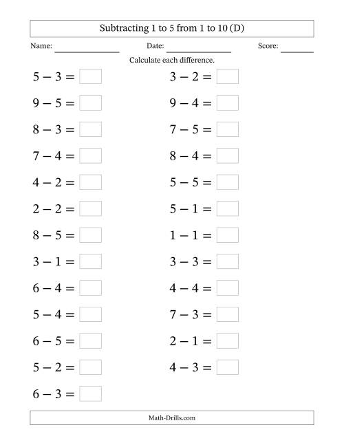 The Horizontally Arranged Subtracting 1 to 5 from 1 to 10 (25 Questions; Large Print) (D) Math Worksheet