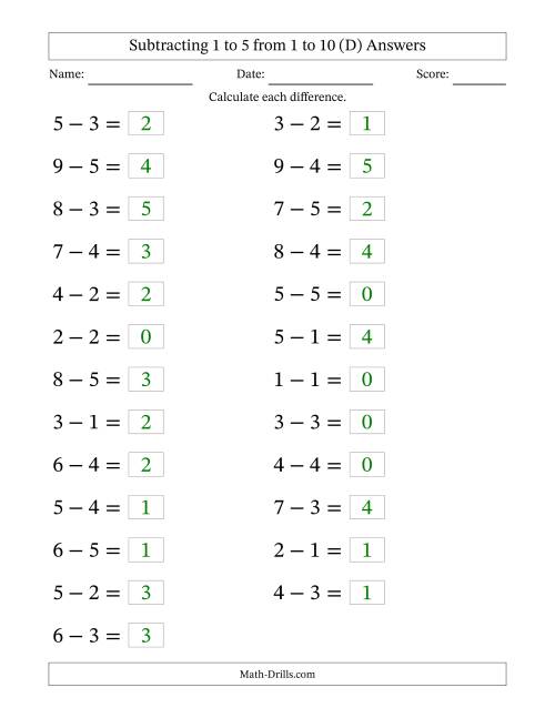 The Horizontally Arranged Subtracting 1 to 5 from 1 to 10 (25 Questions; Large Print) (D) Math Worksheet Page 2