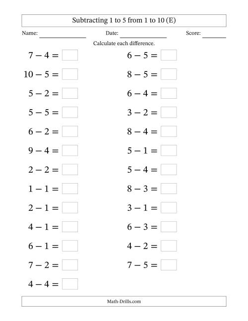 The Horizontally Arranged Subtracting 1 to 5 from 1 to 10 (25 Questions; Large Print) (E) Math Worksheet