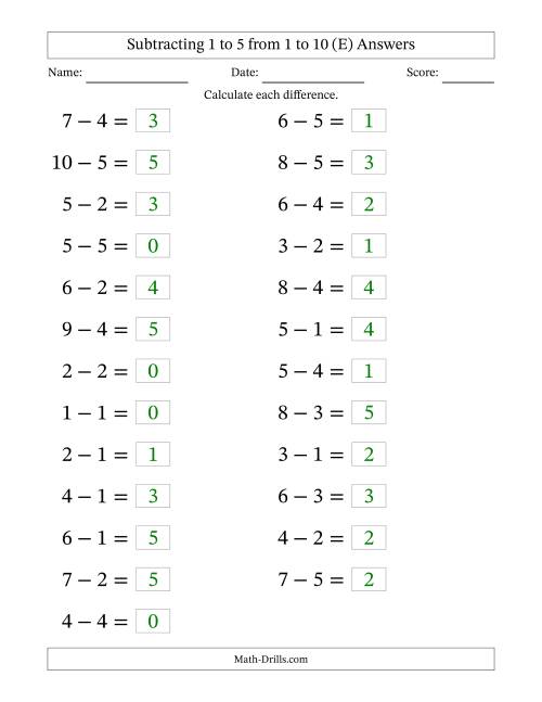 The Horizontally Arranged Subtracting 1 to 5 from 1 to 10 (25 Questions; Large Print) (E) Math Worksheet Page 2