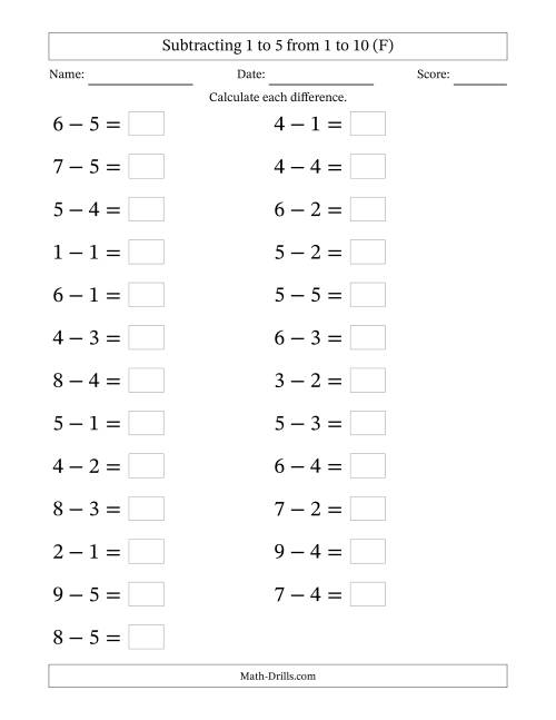 The Horizontally Arranged Subtracting 1 to 5 from 1 to 10 (25 Questions; Large Print) (F) Math Worksheet