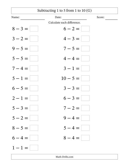 The Horizontally Arranged Subtracting 1 to 5 from 1 to 10 (25 Questions; Large Print) (G) Math Worksheet