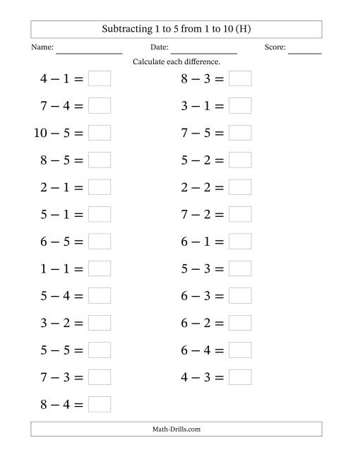 The Horizontally Arranged Subtracting 1 to 5 from 1 to 10 (25 Questions; Large Print) (H) Math Worksheet