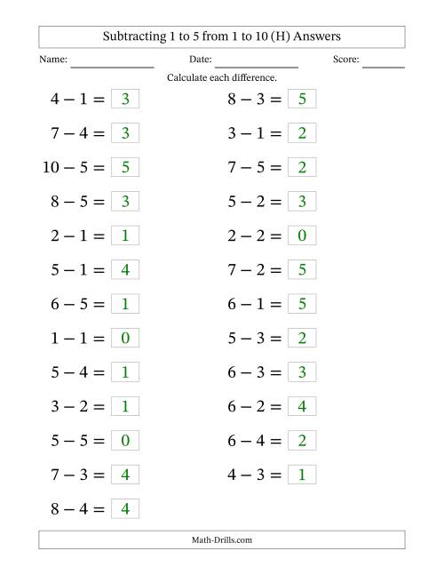 The Horizontally Arranged Subtracting 1 to 5 from 1 to 10 (25 Questions; Large Print) (H) Math Worksheet Page 2