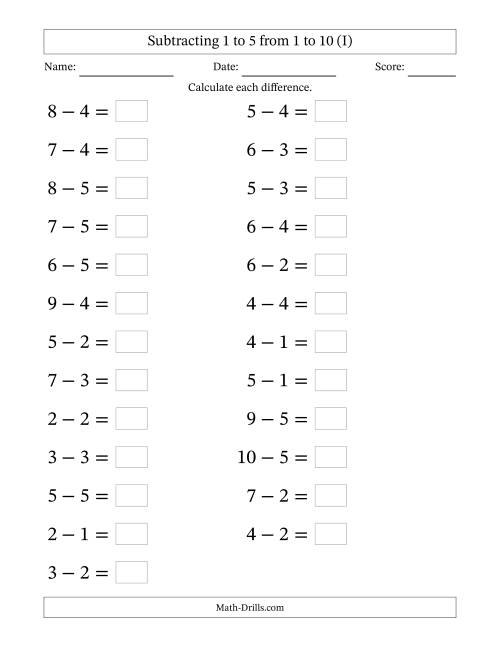 The Horizontally Arranged Subtracting 1 to 5 from 1 to 10 (25 Questions; Large Print) (I) Math Worksheet