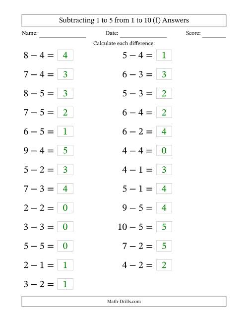 The Horizontally Arranged Subtracting 1 to 5 from 1 to 10 (25 Questions; Large Print) (I) Math Worksheet Page 2