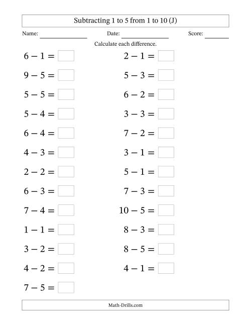 The Horizontally Arranged Subtracting 1 to 5 from 1 to 10 (25 Questions; Large Print) (J) Math Worksheet