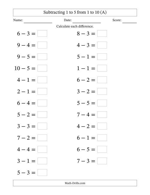 The Horizontally Arranged Subtracting 1 to 5 from 1 to 10 (25 Questions; Large Print) (All) Math Worksheet