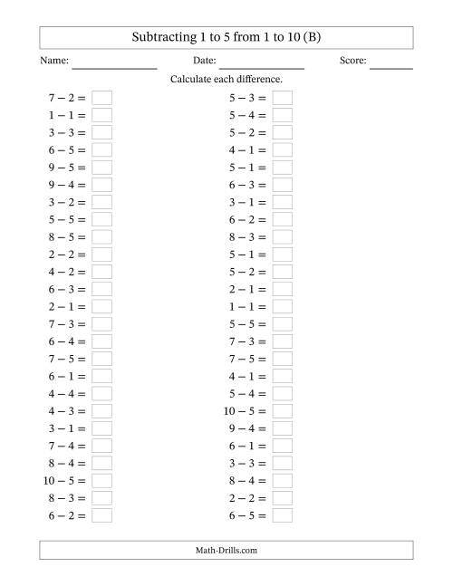 The Horizontally Arranged Subtracting 1 to 5 from 1 to 10 (50 Questions) (B) Math Worksheet