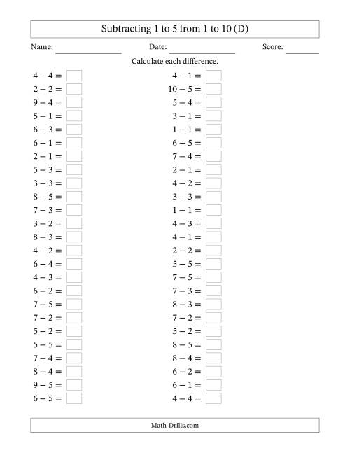 The Horizontally Arranged Subtracting 1 to 5 from 1 to 10 (50 Questions) (D) Math Worksheet