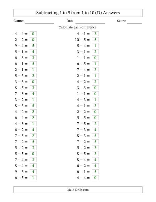 The Horizontally Arranged Subtracting 1 to 5 from 1 to 10 (50 Questions) (D) Math Worksheet Page 2