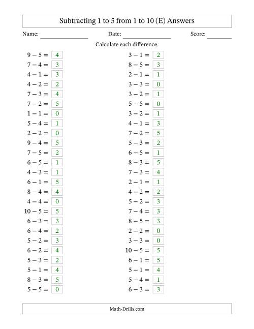 The Horizontally Arranged Subtracting 1 to 5 from 1 to 10 (50 Questions) (E) Math Worksheet Page 2