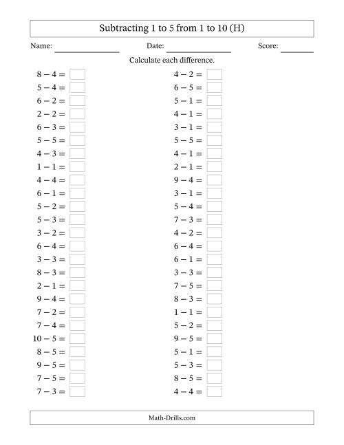The Horizontally Arranged Subtracting 1 to 5 from 1 to 10 (50 Questions) (H) Math Worksheet