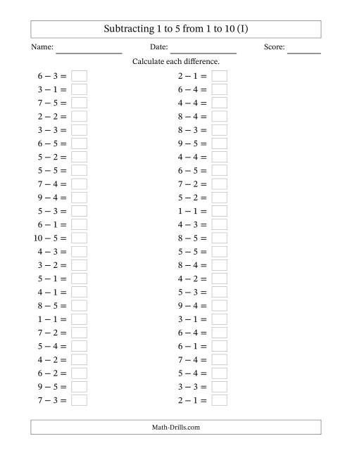 The Horizontally Arranged Subtracting 1 to 5 from 1 to 10 (50 Questions) (I) Math Worksheet