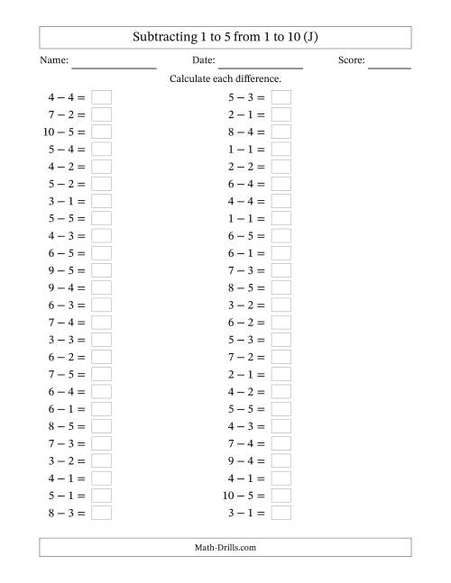 The Horizontally Arranged Subtracting 1 to 5 from 1 to 10 (50 Questions) (J) Math Worksheet