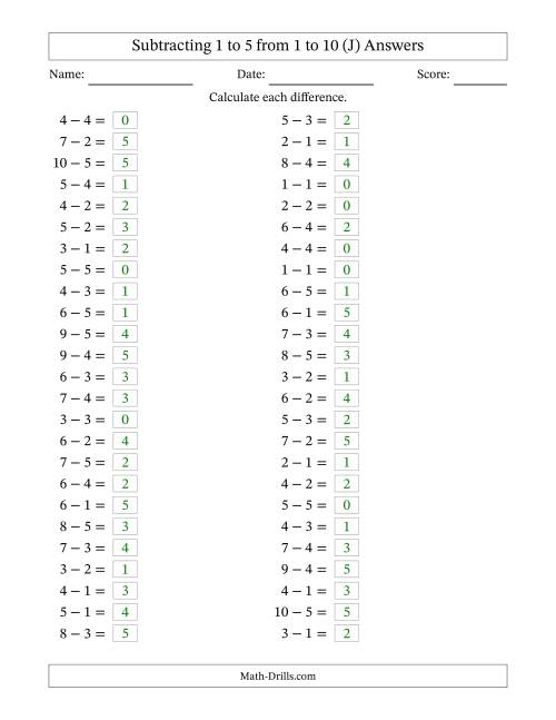 The Horizontally Arranged Subtracting 1 to 5 from 1 to 10 (50 Questions) (J) Math Worksheet Page 2