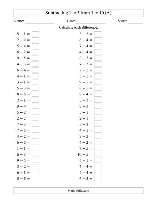 The Horizontally Arranged Subtracting 1 to 5 from 1 to 10 (50 Questions) (All) Math Worksheet