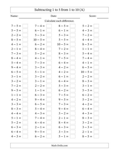 The Horizontally Arranged Subtracting 1 to 5 from 1 to 10 (100 Questions) (A) Math Worksheet