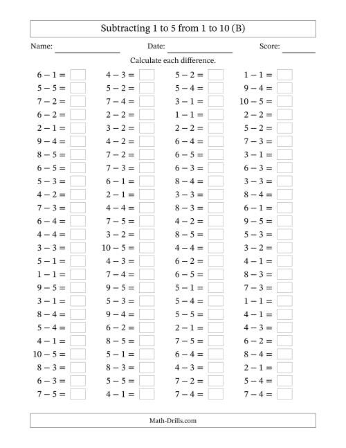 The Horizontally Arranged Subtracting 1 to 5 from 1 to 10 (100 Questions) (B) Math Worksheet
