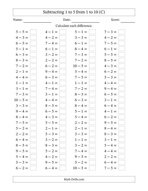 The Horizontally Arranged Subtracting 1 to 5 from 1 to 10 (100 Questions) (C) Math Worksheet