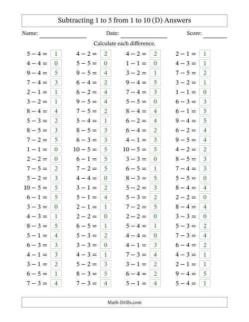 The Horizontally Arranged Subtracting 1 to 5 from 1 to 10 (100 Questions) (D) Math Worksheet Page 2