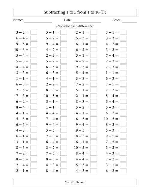 The Horizontally Arranged Subtracting 1 to 5 from 1 to 10 (100 Questions) (F) Math Worksheet