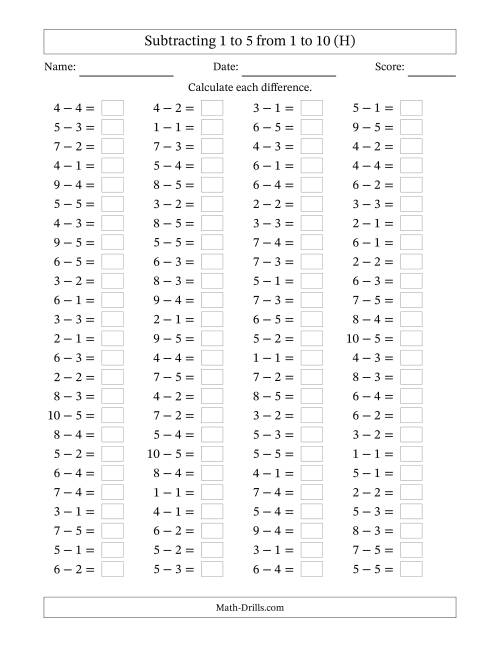The Horizontally Arranged Subtracting 1 to 5 from 1 to 10 (100 Questions) (H) Math Worksheet