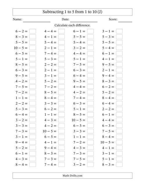 The Horizontally Arranged Subtracting 1 to 5 from 1 to 10 (100 Questions) (J) Math Worksheet