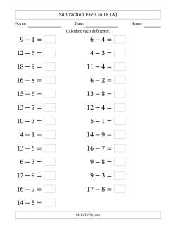 Horizontally Arranged Subtraction Facts with Minuends to 18 (25 Questions; Large Print)