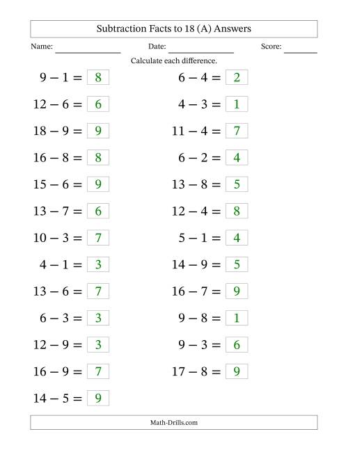 The Horizontally Arranged Subtraction Facts with Minuends to 18 (25 Questions; Large Print) (A) Math Worksheet Page 2