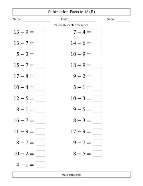The Horizontally Arranged Subtraction Facts with Minuends to 18 (25 Questions; Large Print) (B) Math Worksheet