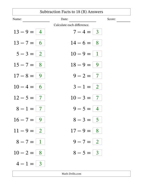 The Horizontally Arranged Subtraction Facts with Minuends to 18 (25 Questions; Large Print) (B) Math Worksheet Page 2