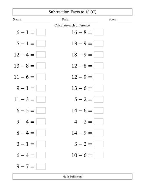 The Horizontally Arranged Subtraction Facts with Minuends to 18 (25 Questions; Large Print) (C) Math Worksheet