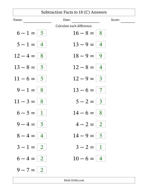 The Horizontally Arranged Subtraction Facts with Minuends to 18 (25 Questions; Large Print) (C) Math Worksheet Page 2