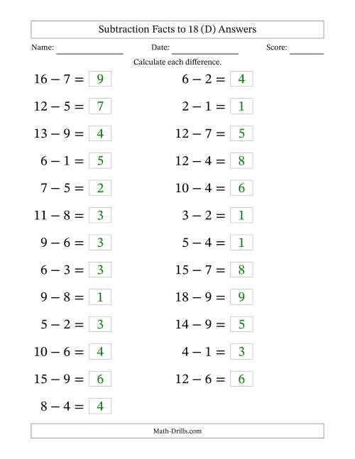 The Horizontally Arranged Subtraction Facts with Minuends to 18 (25 Questions; Large Print) (D) Math Worksheet Page 2